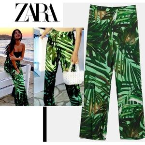 Zara Green tropical palm tree leaf print trouser dress pants S holiday vacation